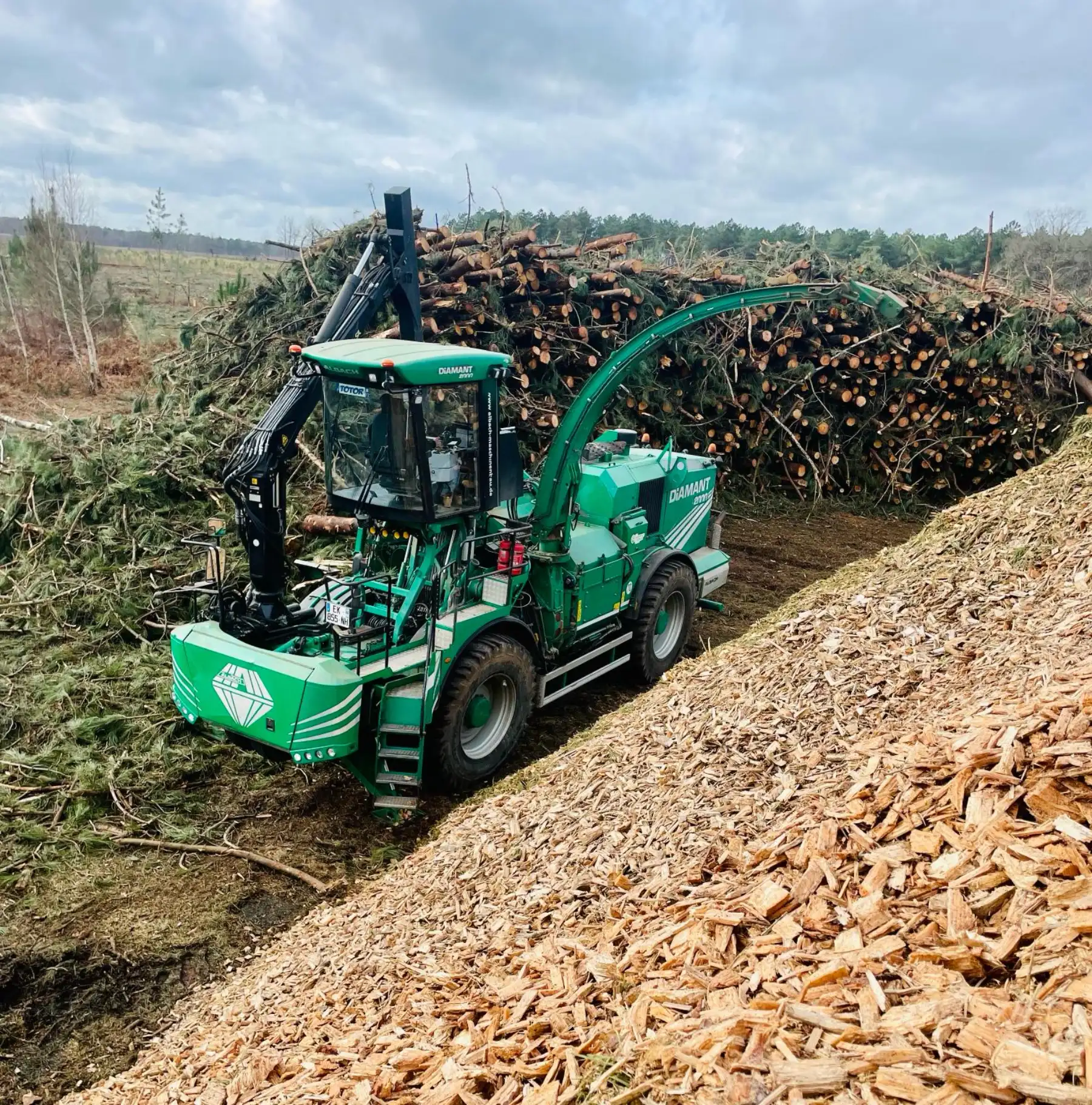 Broyeur forestier produisant des plaquettes en forêt